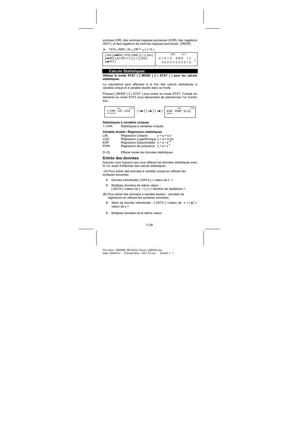 Calculs statistiques, Entrée des données | CITIZEN SR-281N User Manual | Page 162 / 339