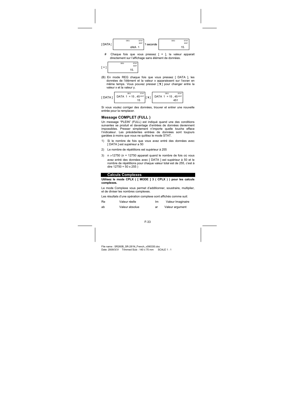 Message complet (full ), Calculs complexes | CITIZEN SR-281N User Manual | Page 167 / 339