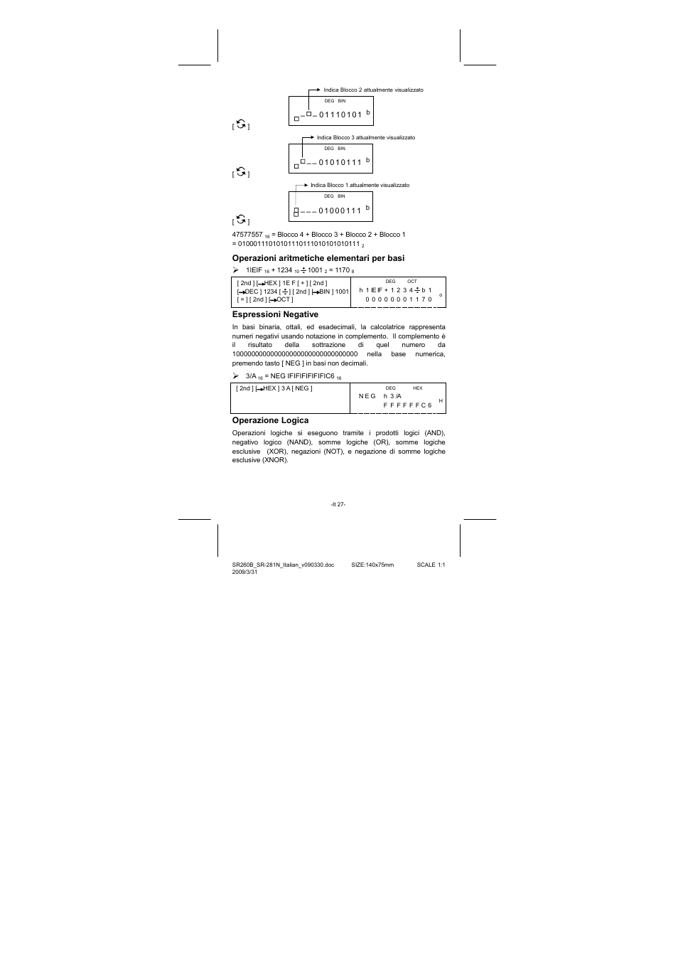 Operazioni aritmetiche elementari per basi, Espressioni negative, Operazione logica | CITIZEN SR-281N User Manual | Page 195 / 339