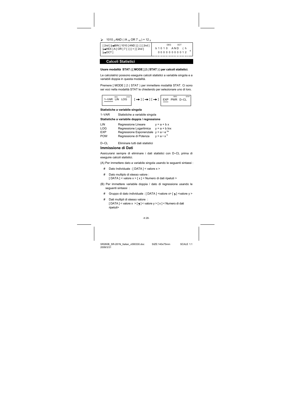 Calcoli statistici, Immissione di dati | CITIZEN SR-281N User Manual | Page 196 / 339