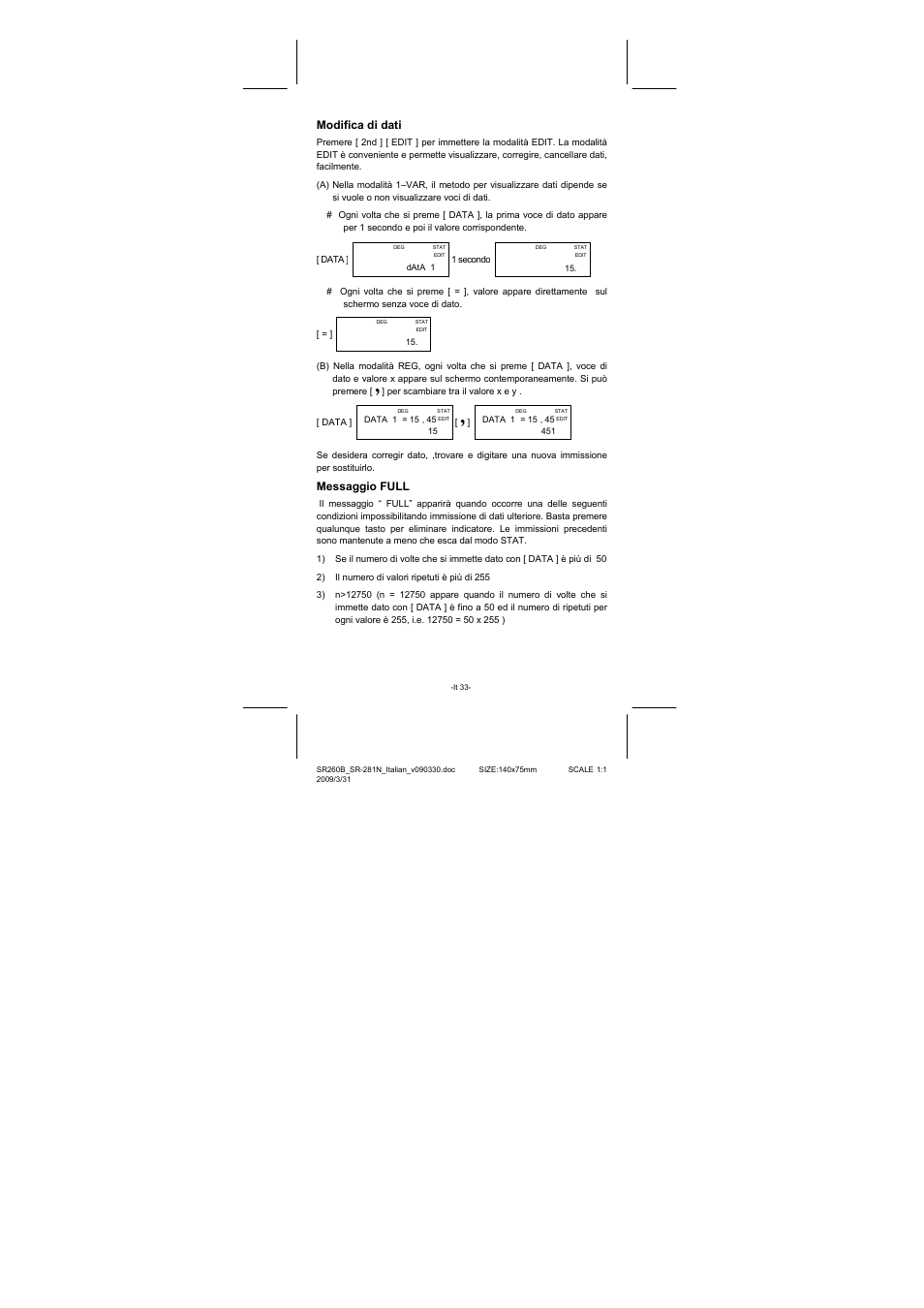 Modifica di dati, Messaggio full | CITIZEN SR-281N User Manual | Page 201 / 339
