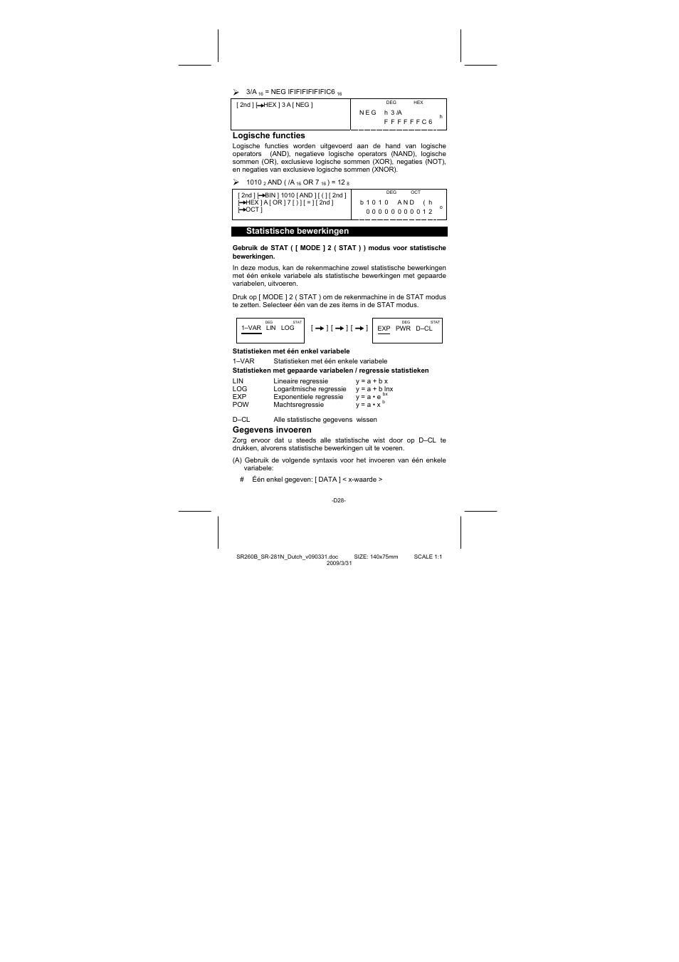 Logische functies, Statistische bewerkingen, Gegevens invoeren | CITIZEN SR-281N User Manual | Page 230 / 339