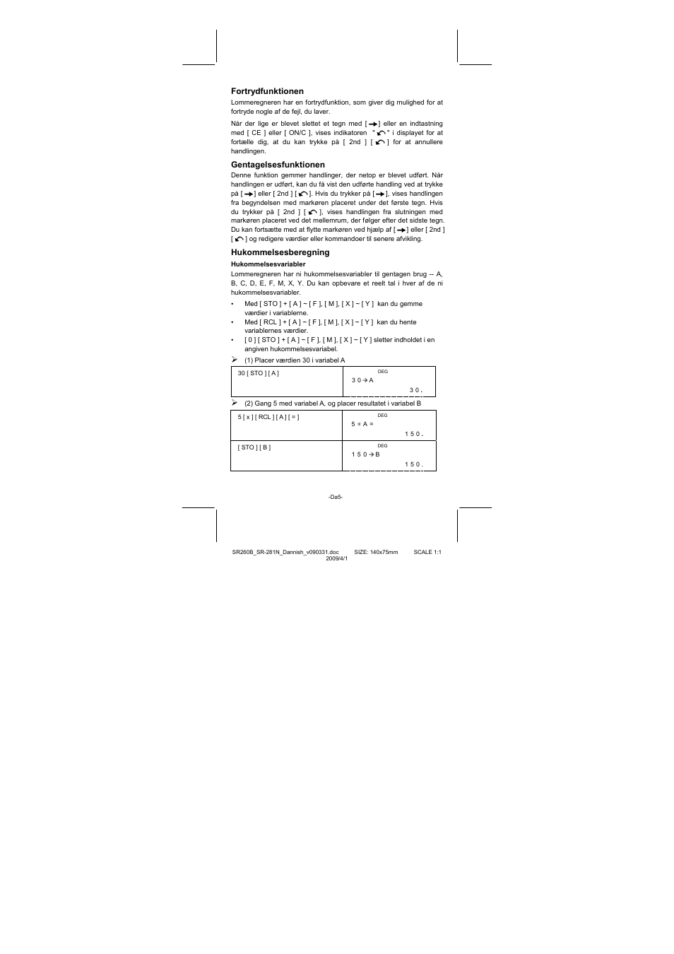 Fortrydfunktionen, Gentagelsesfunktionen, Hukommelsesberegning | CITIZEN SR-281N User Manual | Page 241 / 339