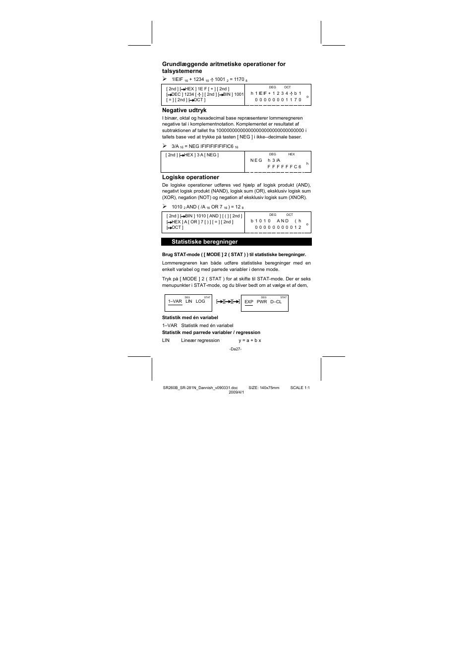 Negative udtryk, Logiske operationer, Statistiske beregninger | CITIZEN SR-281N User Manual | Page 263 / 339