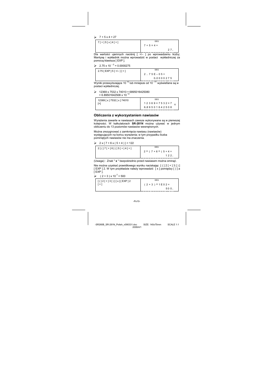 Obliczenia z wykorzystaniem nawiasów | CITIZEN SR-281N User Manual | Page 313 / 339
