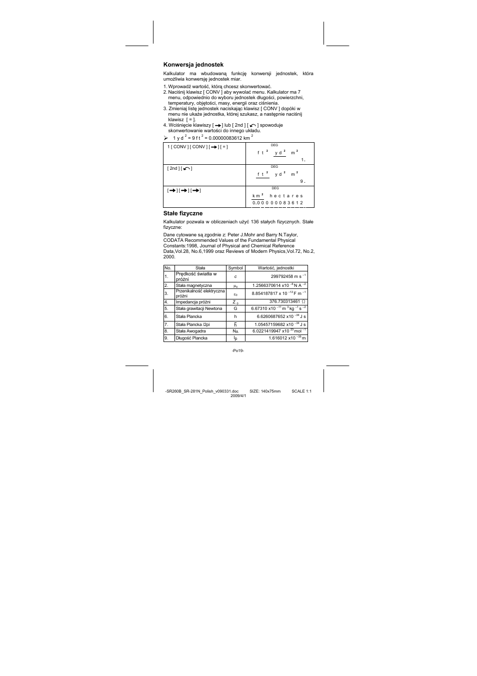 Konwersja jednostek, Stałe fizyczne | CITIZEN SR-281N User Manual | Page 322 / 339