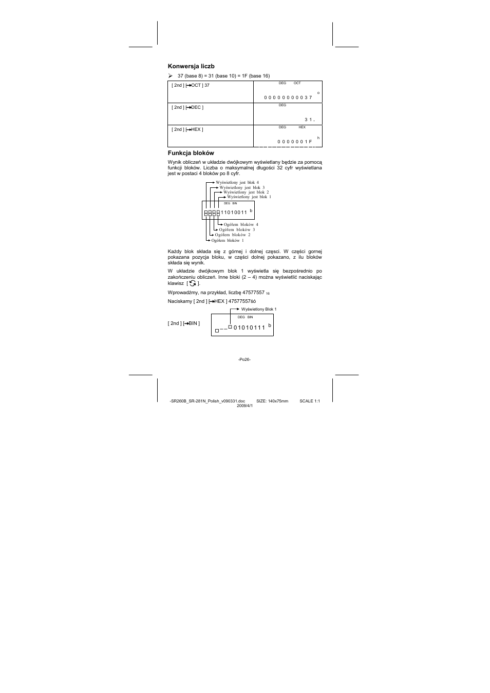 Konwersja liczb, Funkcja bloków | CITIZEN SR-281N User Manual | Page 329 / 339