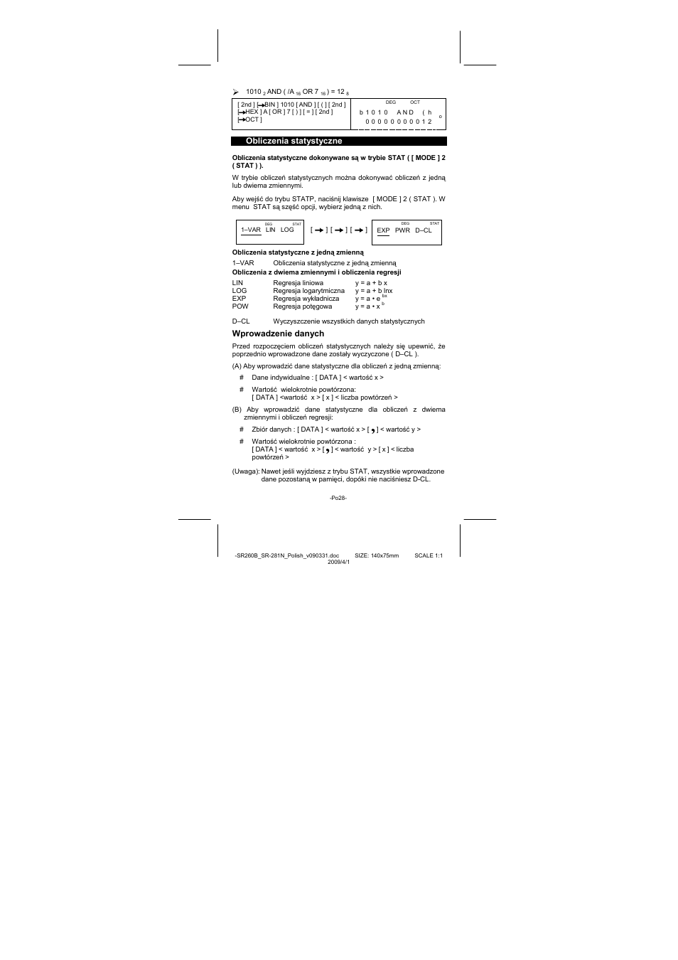 Obliczenia statystyczne, Wprowadzenie danych | CITIZEN SR-281N User Manual | Page 331 / 339