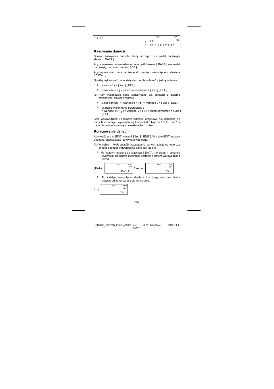 Kasowanie danych, Korygowanie danych | CITIZEN SR-281N User Manual | Page 335 / 339