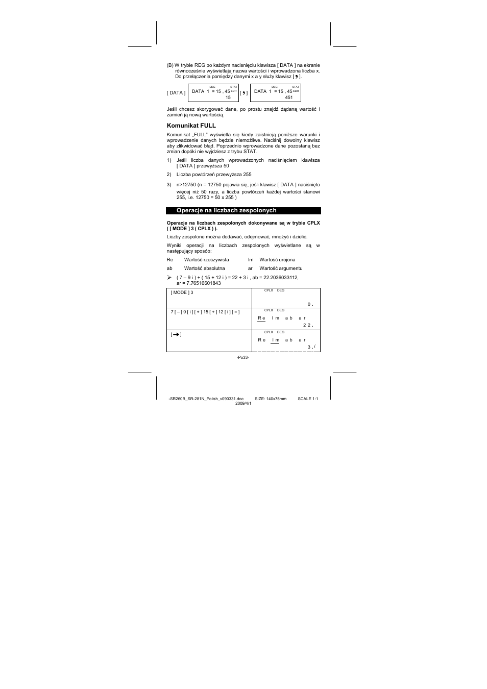 Komunikat full, Operacje na liczbach zespolonych | CITIZEN SR-281N User Manual | Page 336 / 339