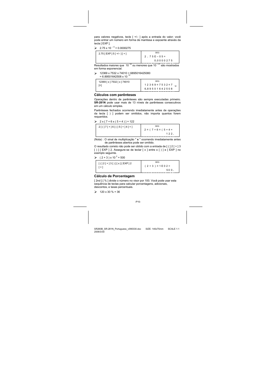 Cálculos com parênteses, Cálculo de porcentagem | CITIZEN SR-281N User Manual | Page 78 / 339