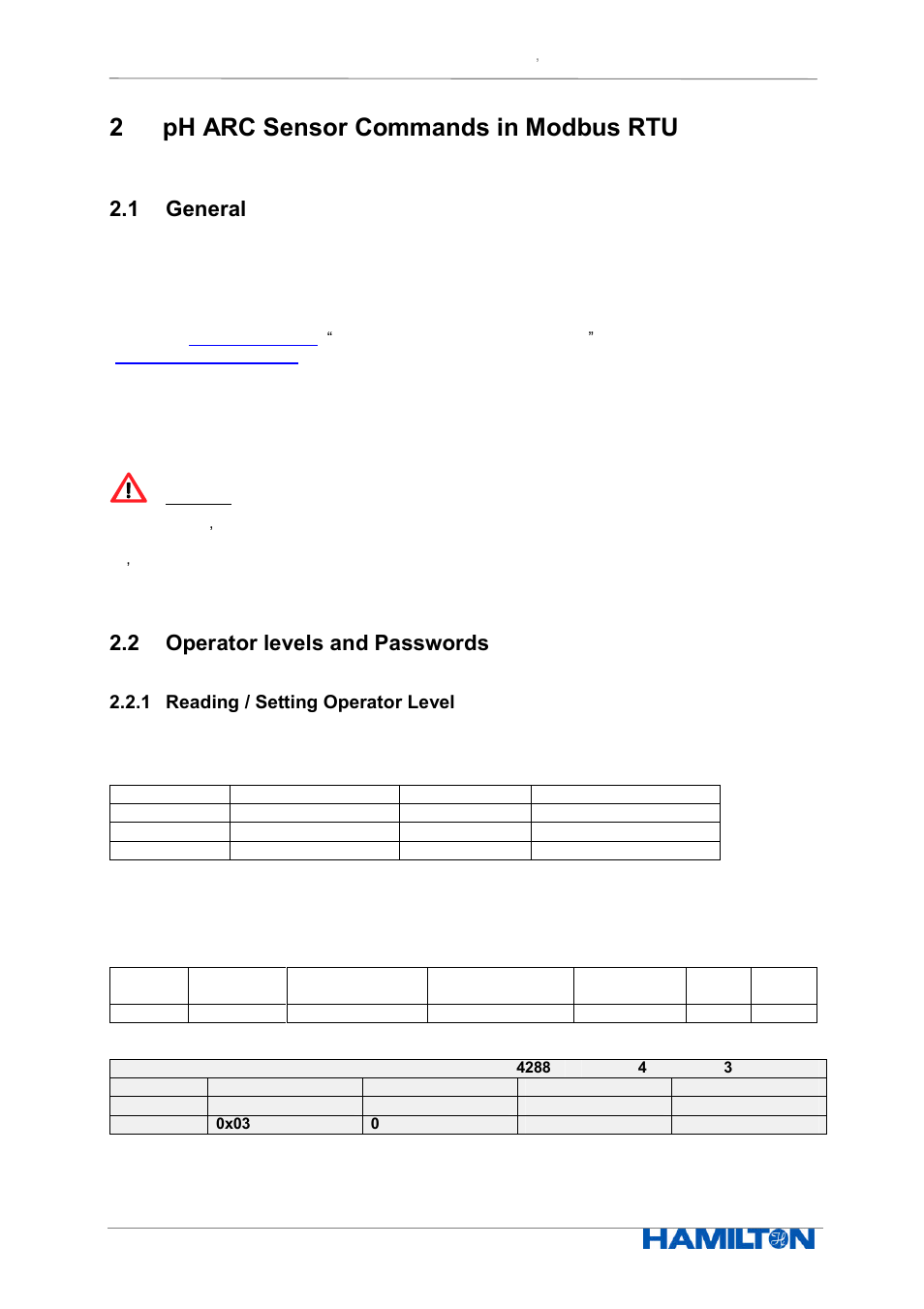2ph arc sensor commands in modbus rtu, 1 general, 2 operator levels and passwords | Hamilton Electronics EPHUM011 User Manual | Page 5 / 67