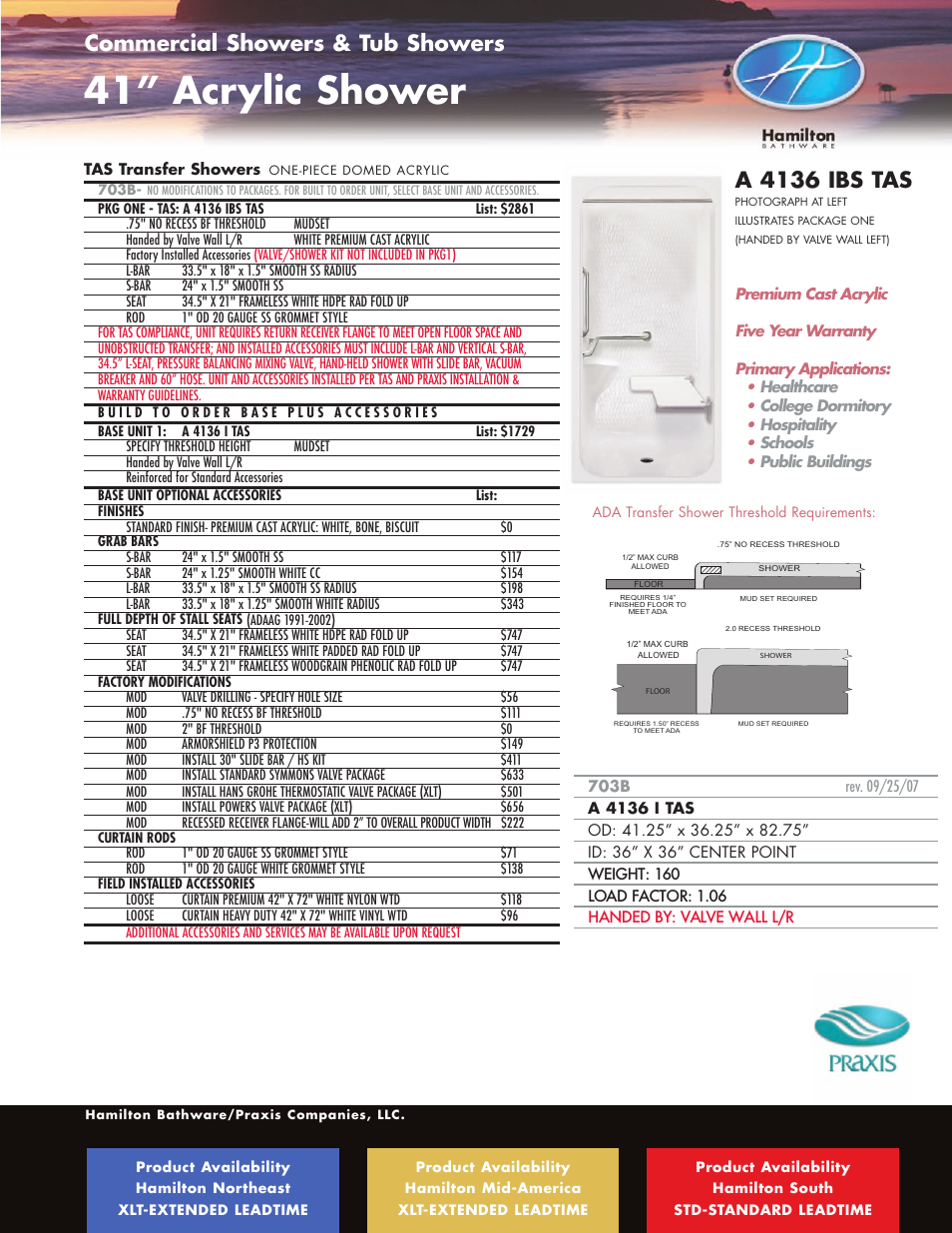41” acrylic shower, A 4136 ibs tas, Commercial showers & tub showers | Hamilton Electronics A 6436 IBS User Manual | Page 13 / 68