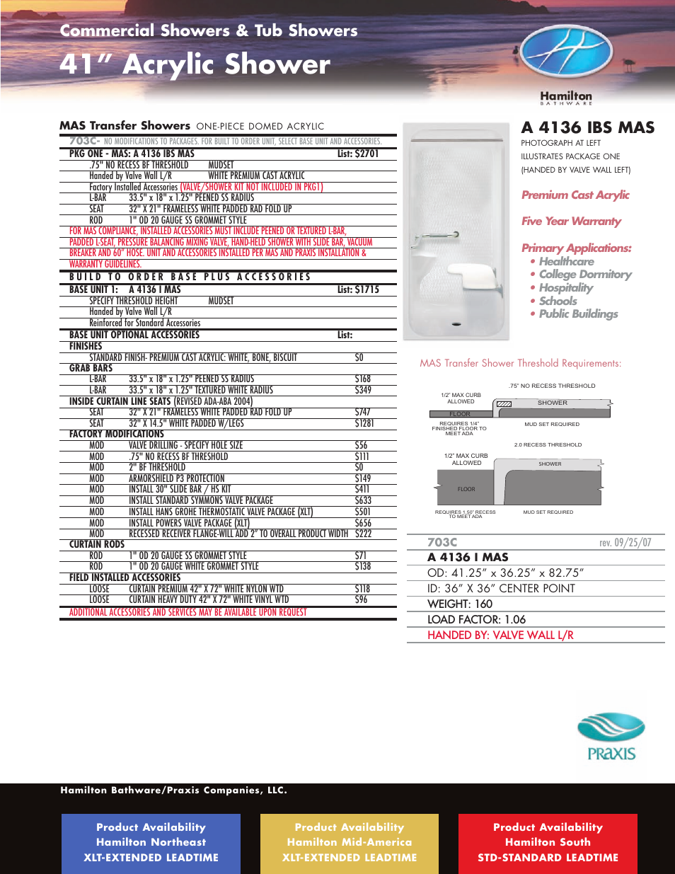 41” acrylic shower, A 4136 ibs mas, Commercial showers & tub showers | Hamilton Electronics A 6436 IBS User Manual | Page 15 / 68