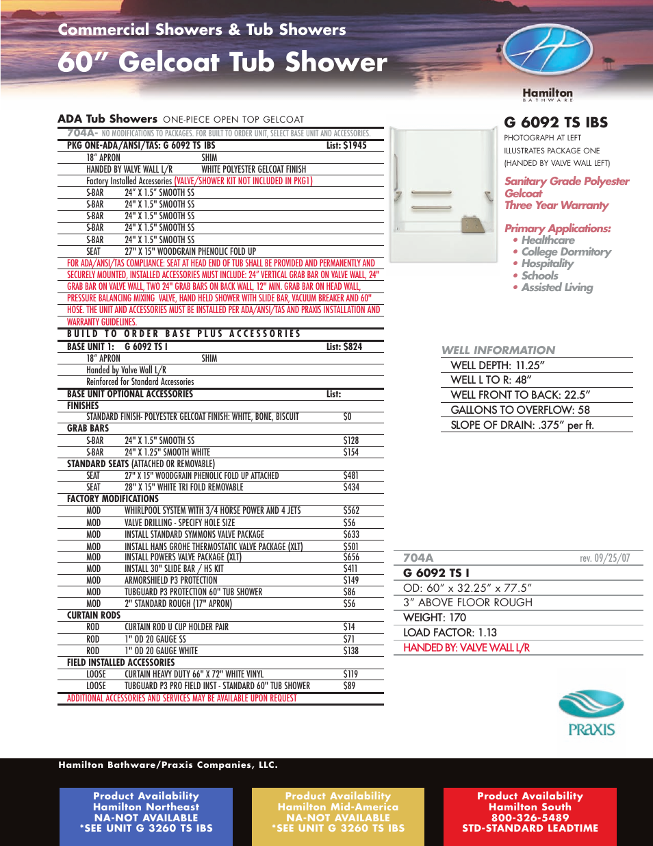 60” gelcoat tub shower, Commercial showers & tub showers, G 6092 ts ibs | Hamilton Electronics A 6436 IBS User Manual | Page 17 / 68