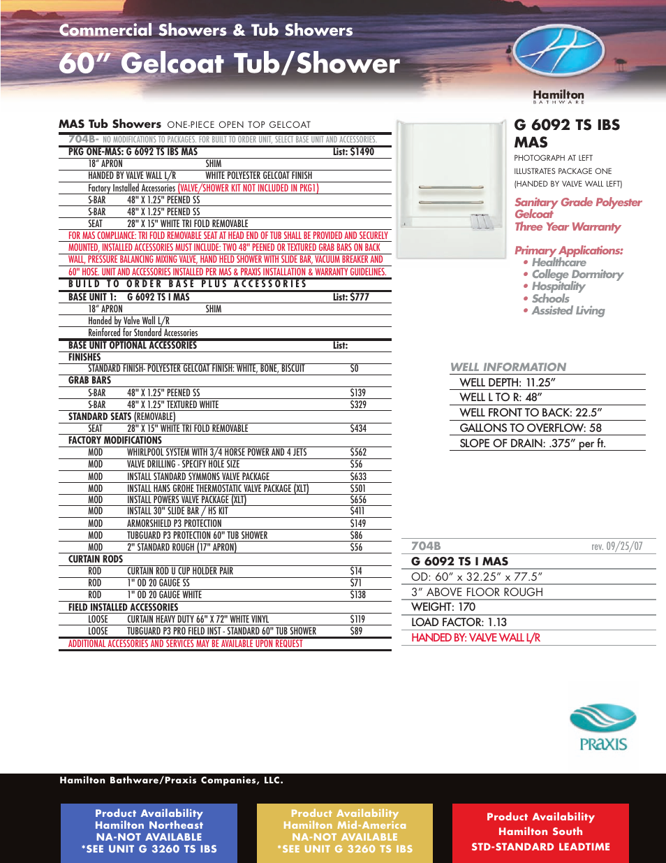 60” gelcoat tub/shower, Commercial showers & tub showers, G 6092 ts ibs mas | Hamilton Electronics A 6436 IBS User Manual | Page 19 / 68