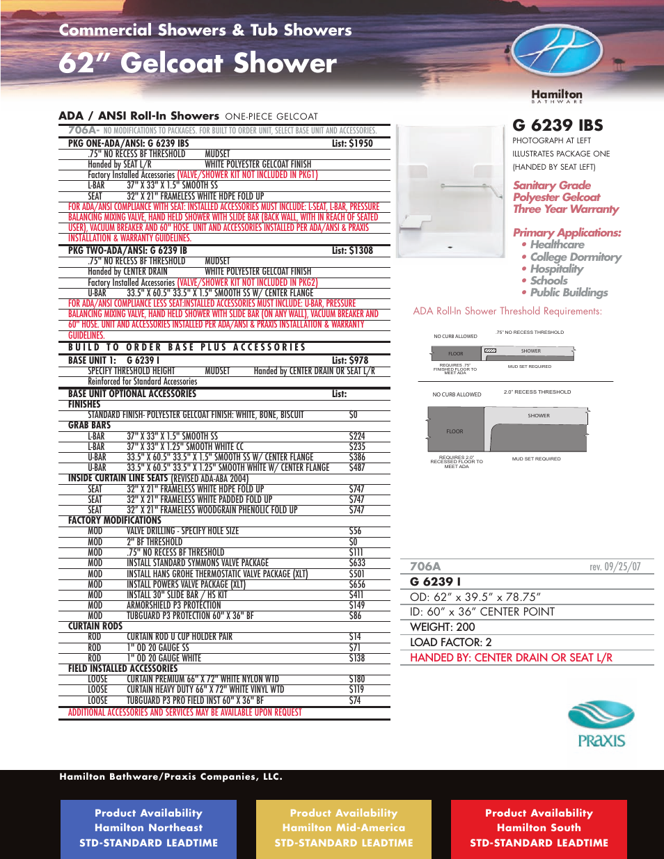 62” gelcoat shower, Ada / ansi roll-in showers, G 6239 ibs | Commercial showers & tub showers | Hamilton Electronics A 6436 IBS User Manual | Page 25 / 68