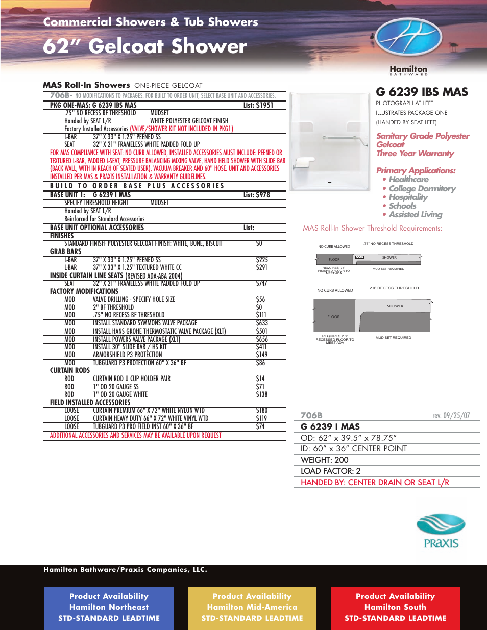 62” gelcoat shower, Ada / ansi roll-in showers, G 6239 ibs mas | Commercial showers & tub showers | Hamilton Electronics A 6436 IBS User Manual | Page 27 / 68