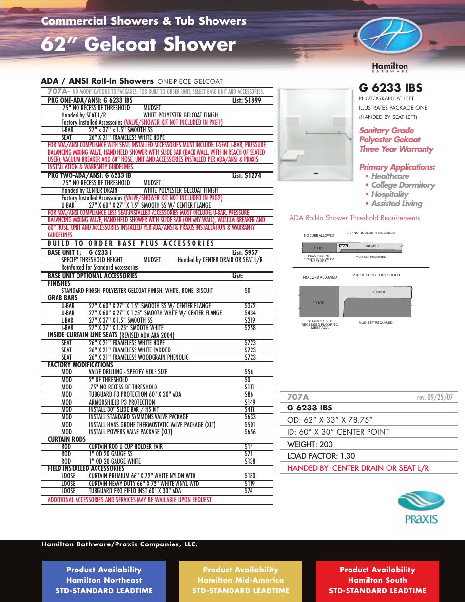 62” gelcoat shower, Ada / ansi roll-in showers, G 6233 ibs | Commercial showers & tub showers | Hamilton Electronics A 6436 IBS User Manual | Page 29 / 68