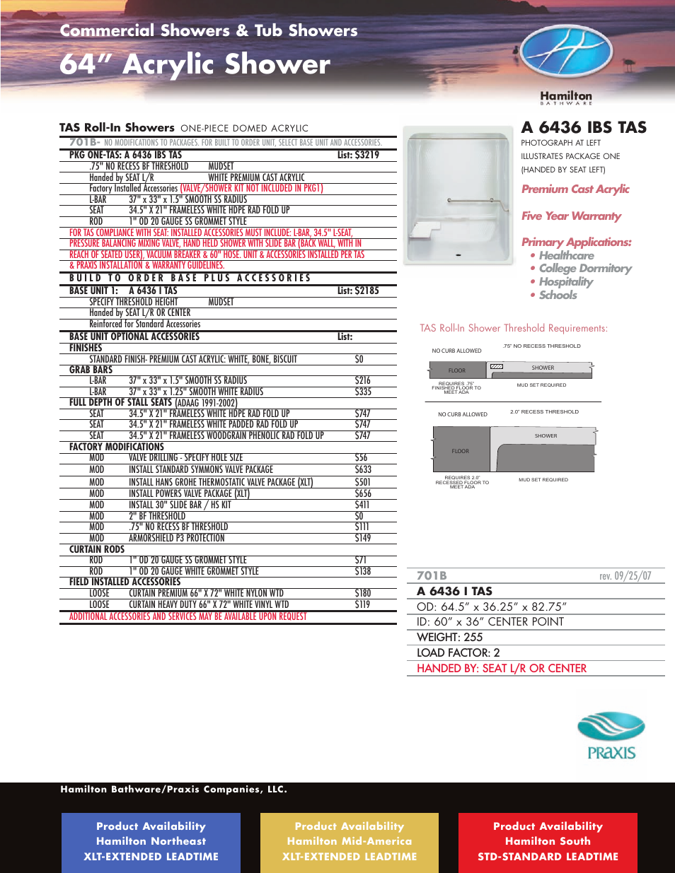 64” acrylic shower, A 6436 ibs tas, Commercial showers & tub showers | Hamilton Electronics A 6436 IBS User Manual | Page 3 / 68