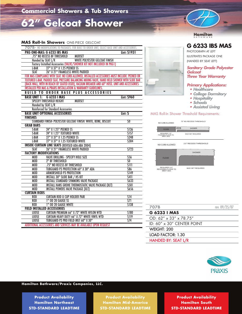 62” gelcoat shower, Ada / ansi roll-in showers, G 6233 ibs mas | Commercial showers & tub showers | Hamilton Electronics A 6436 IBS User Manual | Page 31 / 68