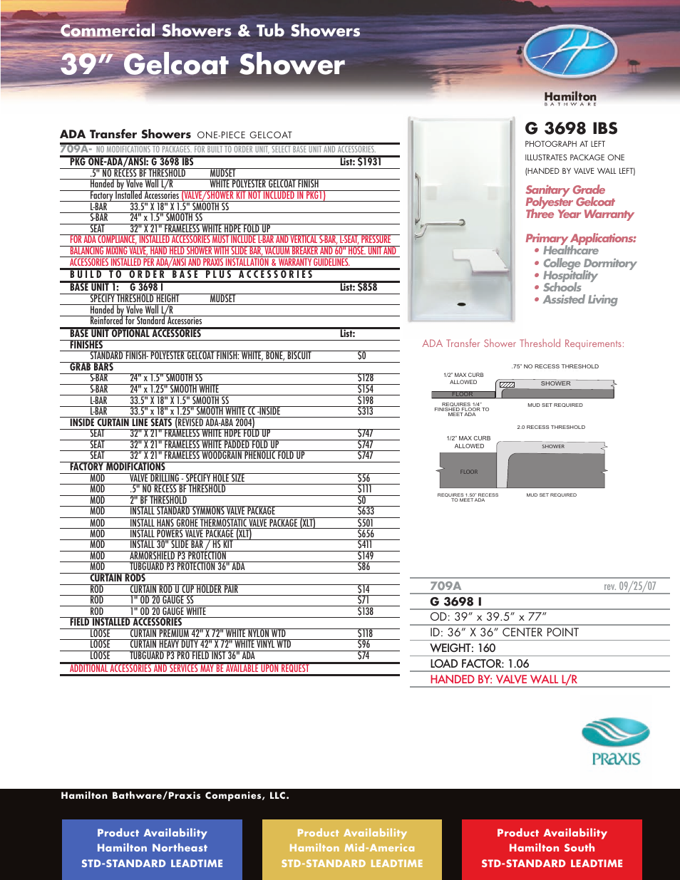 39” gelcoat shower, G 3698 ibs, Commercial showers & tub showers | Hamilton Electronics A 6436 IBS User Manual | Page 35 / 68