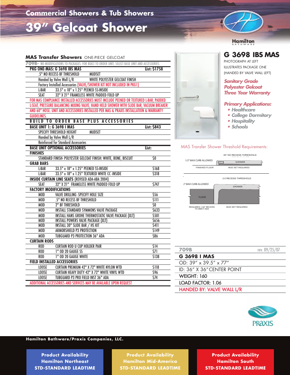 39” gelcoat shower, G 3698 ibs mas, Commercial showers & tub showers | Hamilton Electronics A 6436 IBS User Manual | Page 37 / 68