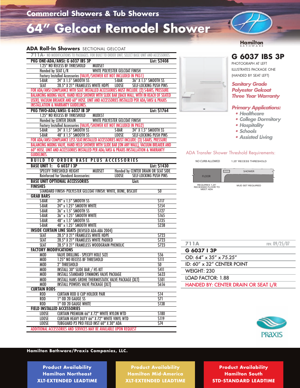 64” gelcoat remodel shower, Ada / ansi roll-in showers, Commercial showers & tub showers | Hamilton Electronics A 6436 IBS User Manual | Page 43 / 68