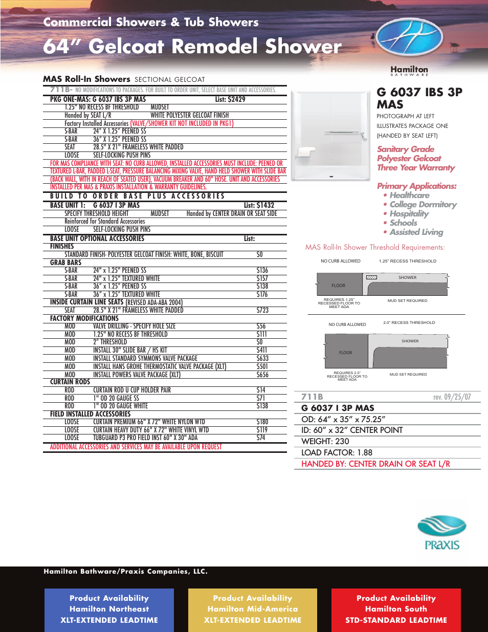 64” gelcoat remodel shower, Ada / ansi roll-in showers, Commercial showers & tub showers | Hamilton Electronics A 6436 IBS User Manual | Page 45 / 68