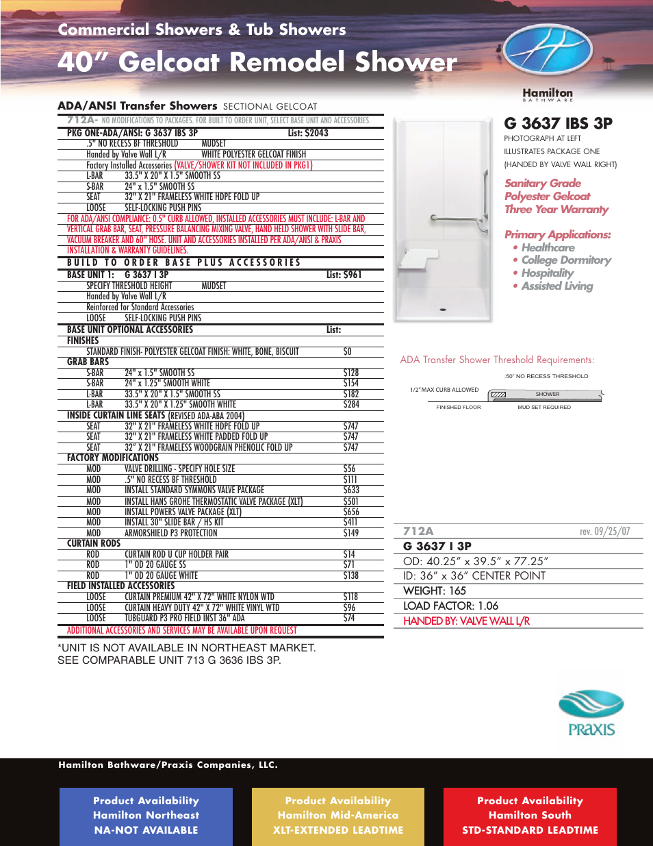 40” gelcoat remodel shower, Ada / ansi roll-in showers, Commercial showers & tub showers | Hamilton Electronics A 6436 IBS User Manual | Page 47 / 68