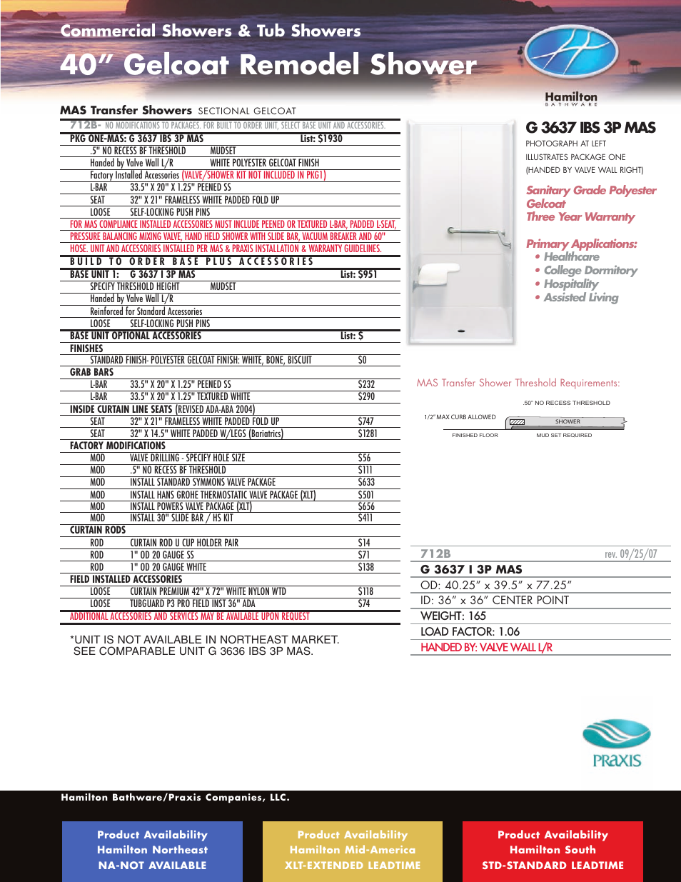 40” gelcoat remodel shower, Ada / ansi roll-in showers, Commercial showers & tub showers | Hamilton Electronics A 6436 IBS User Manual | Page 49 / 68