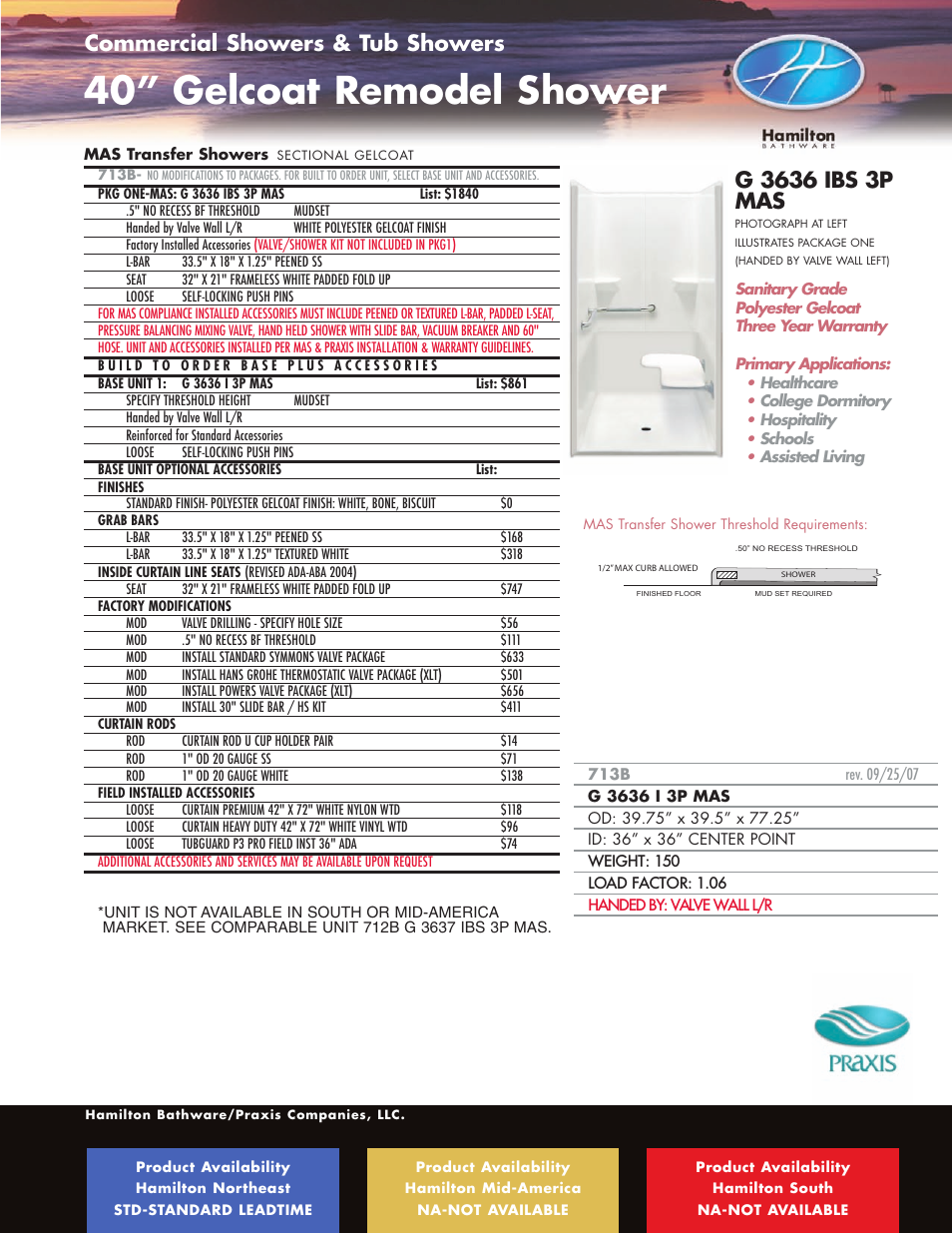 40” gelcoat remodel shower, Ada / ansi roll-in showers, Commercial showers & tub showers | Hamilton Electronics A 6436 IBS User Manual | Page 53 / 68