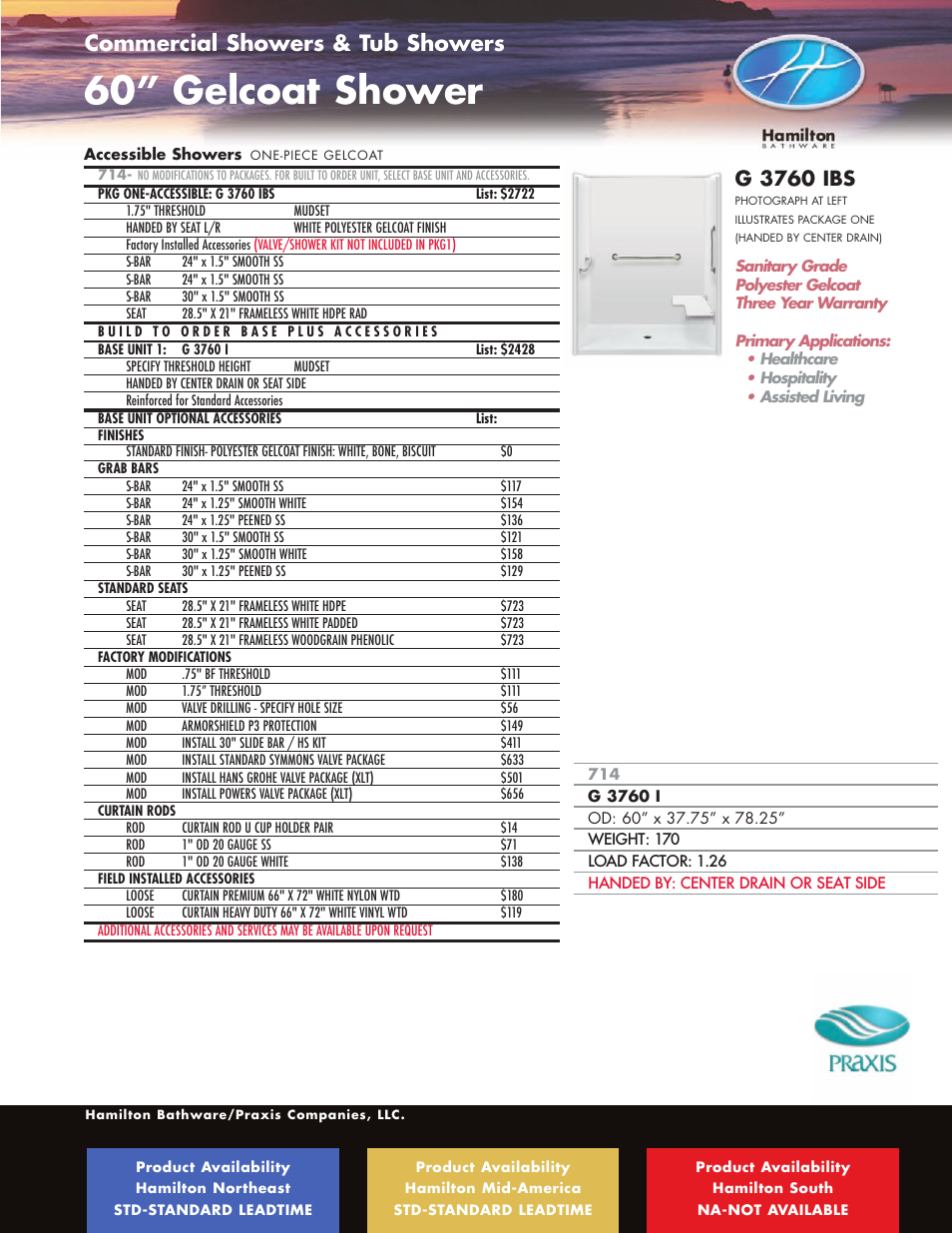 60” gelcoat shower, Ada / ansi roll-in showers, Commercial showers & tub showers | G 3760 ibs | Hamilton Electronics A 6436 IBS User Manual | Page 55 / 68