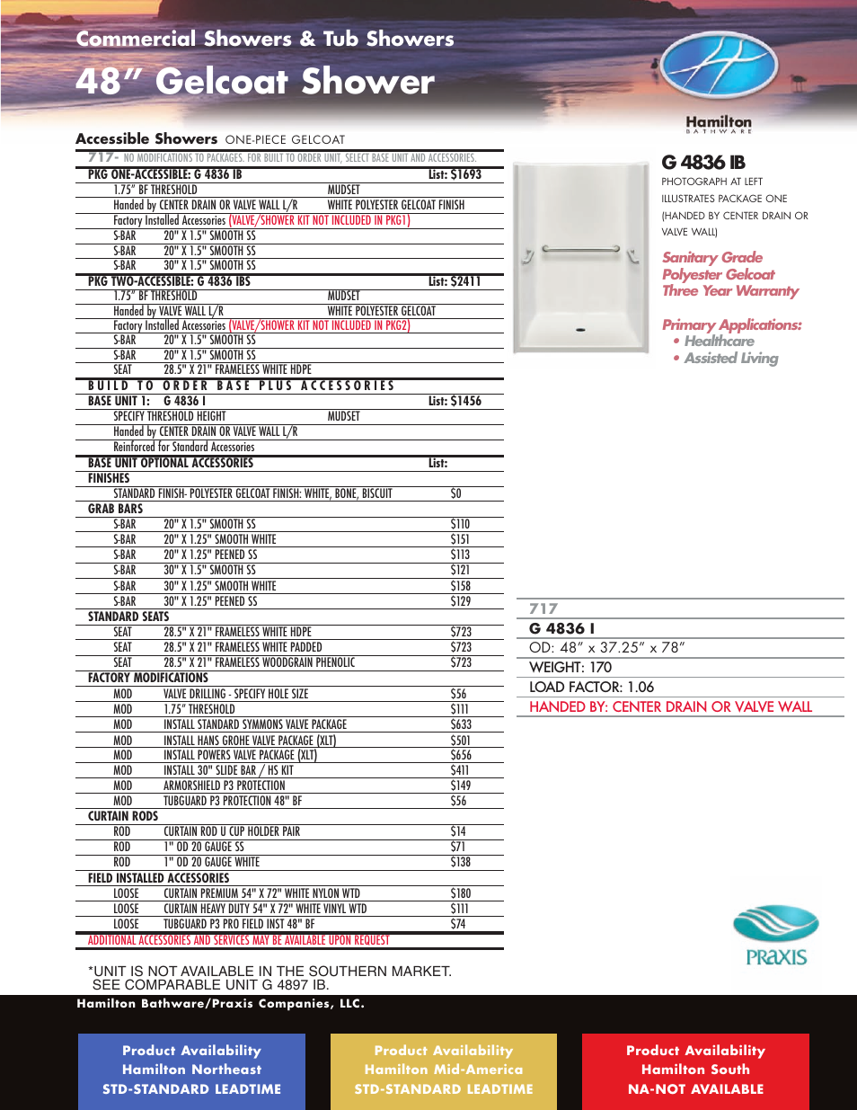 48” gelcoat shower, Ada / ansi roll-in showers, Commercial showers & tub showers | G 4836 ib | Hamilton Electronics A 6436 IBS User Manual | Page 61 / 68