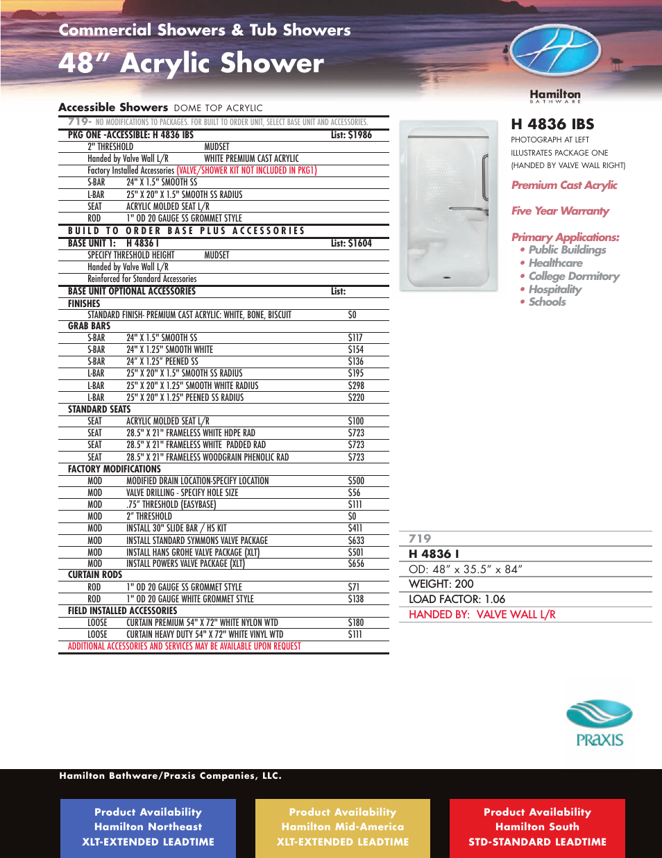 48” acrylic shower, Ada / ansi roll-in showers, Commercial showers & tub showers | H 4836 ibs | Hamilton Electronics A 6436 IBS User Manual | Page 65 / 68