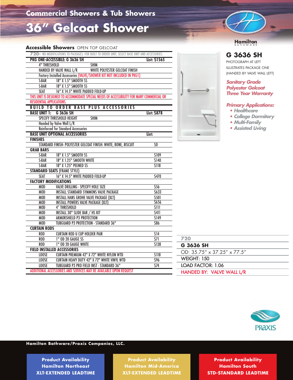 36” gelcoat shower, Ada / ansi roll-in showers, Commercial showers & tub showers | G 3636 sh | Hamilton Electronics A 6436 IBS User Manual | Page 67 / 68
