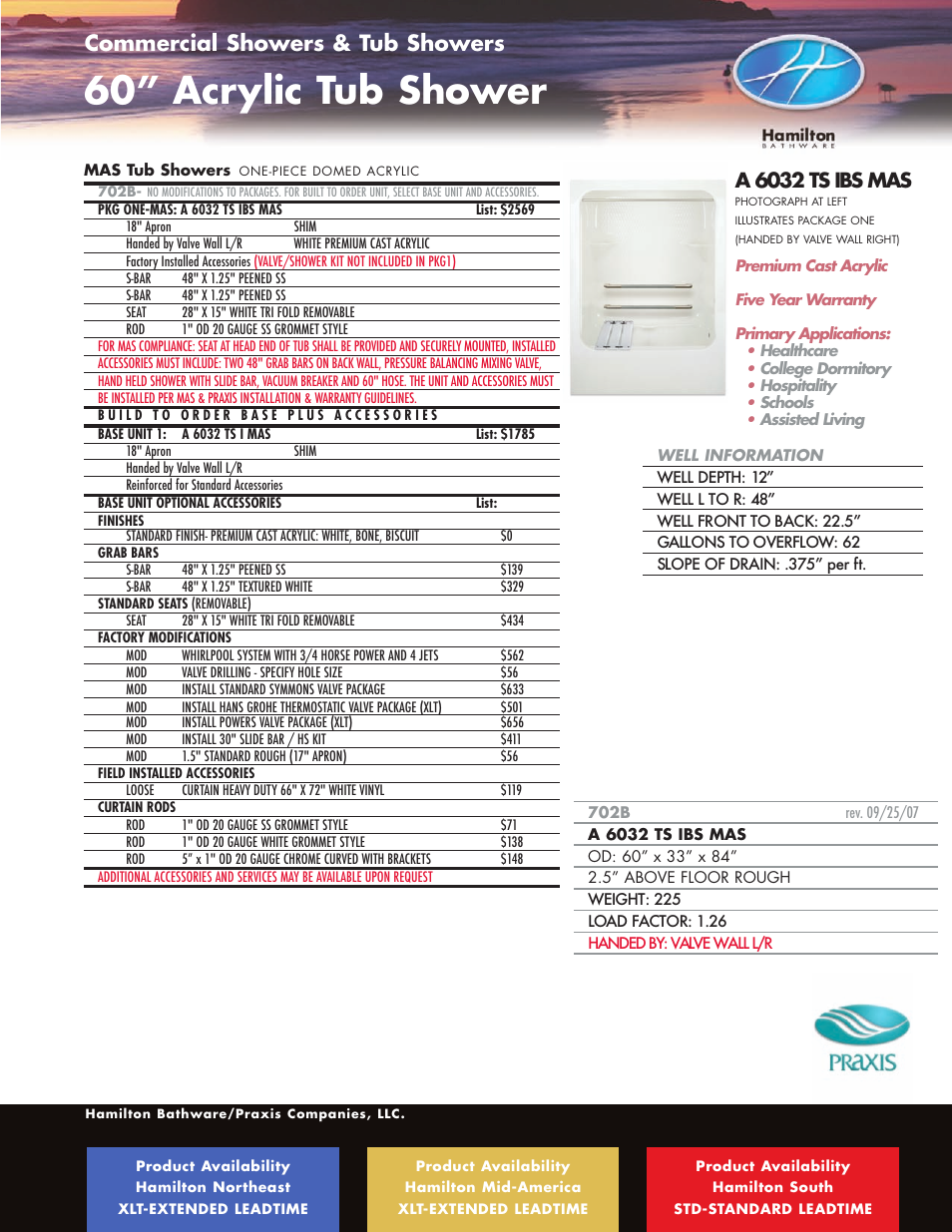 60” acrylic tub shower, Commercial showers & tub showers, A 6032 ts ibs mas | Hamilton Electronics A 6436 IBS User Manual | Page 9 / 68