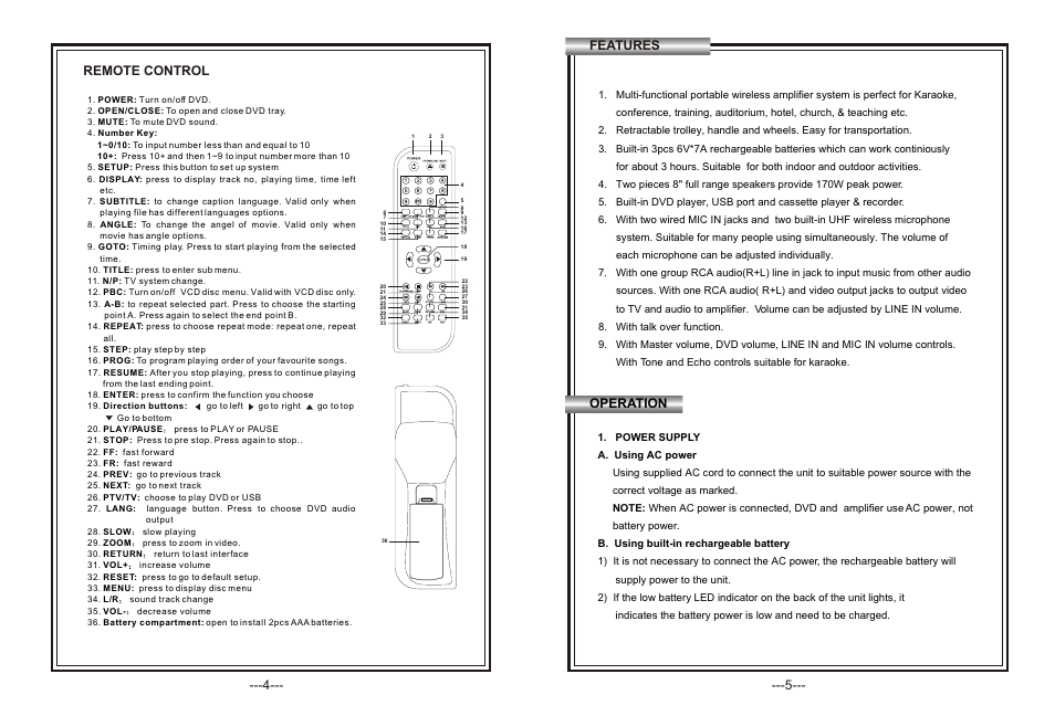 Т³гж 5, Features operation, Remote control | Hamilton Electronics PA-85 User Manual | Page 5 / 5