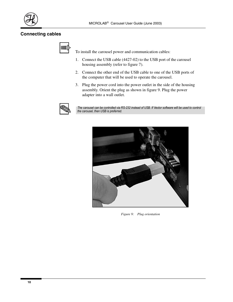 Connecting cables, Figure 9: plug orientation | Hamilton Electronics MICROLAB 8534-01 User Manual | Page 12 / 33