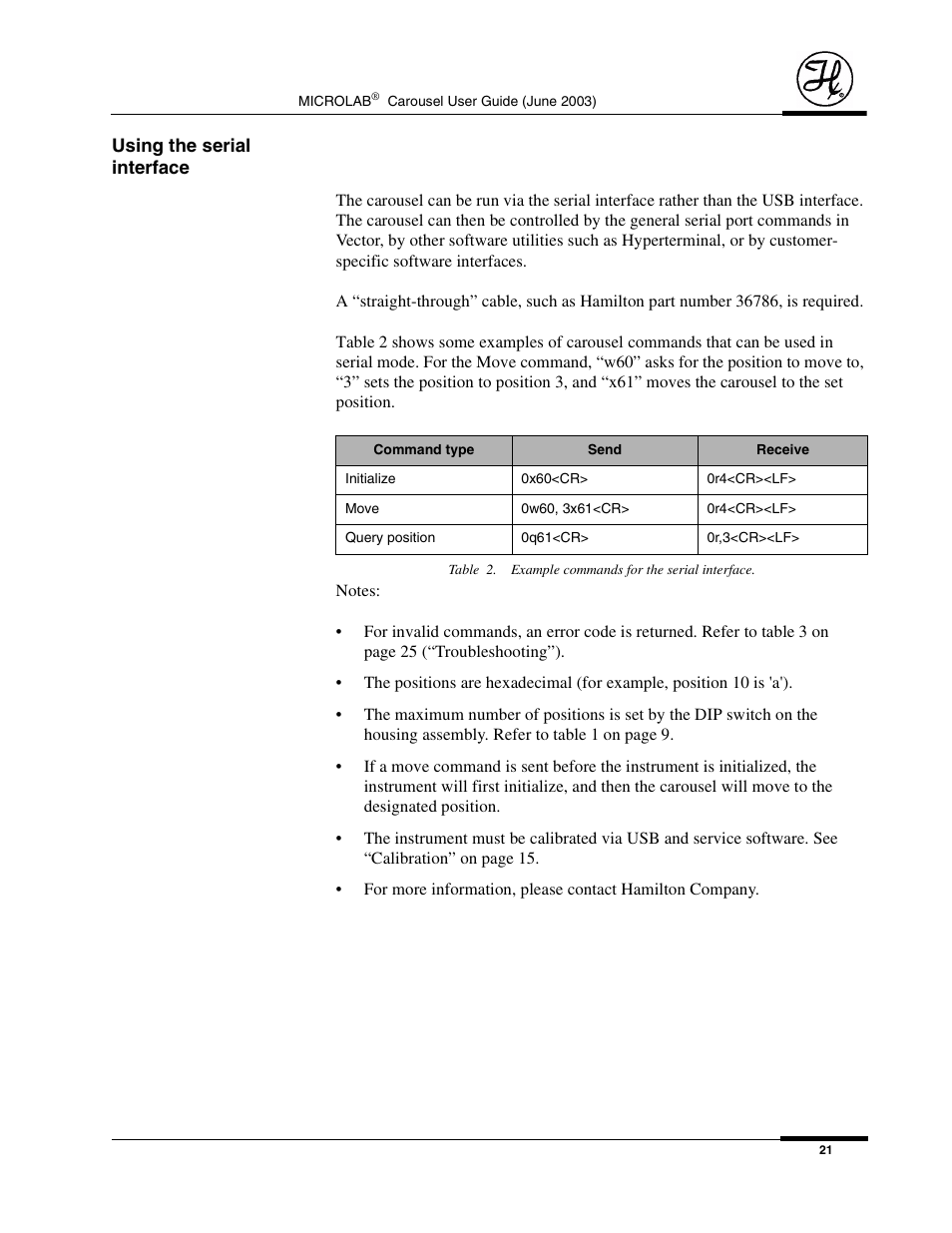Using the serial interface | Hamilton Electronics MICROLAB 8534-01 User Manual | Page 23 / 33