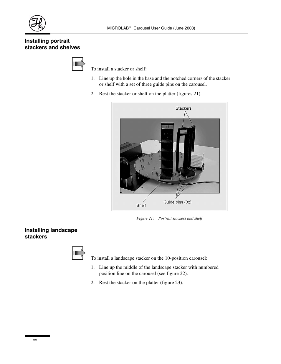 Installing portrait stackers and shelves, Figure 21: portrait stackers and shelf, Installing landscape stackers | Hamilton Electronics MICROLAB 8534-01 User Manual | Page 24 / 33