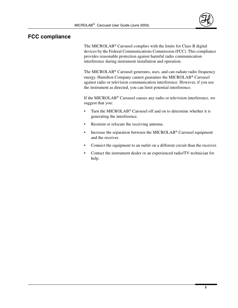 Fcc compliance | Hamilton Electronics MICROLAB 8534-01 User Manual | Page 5 / 33