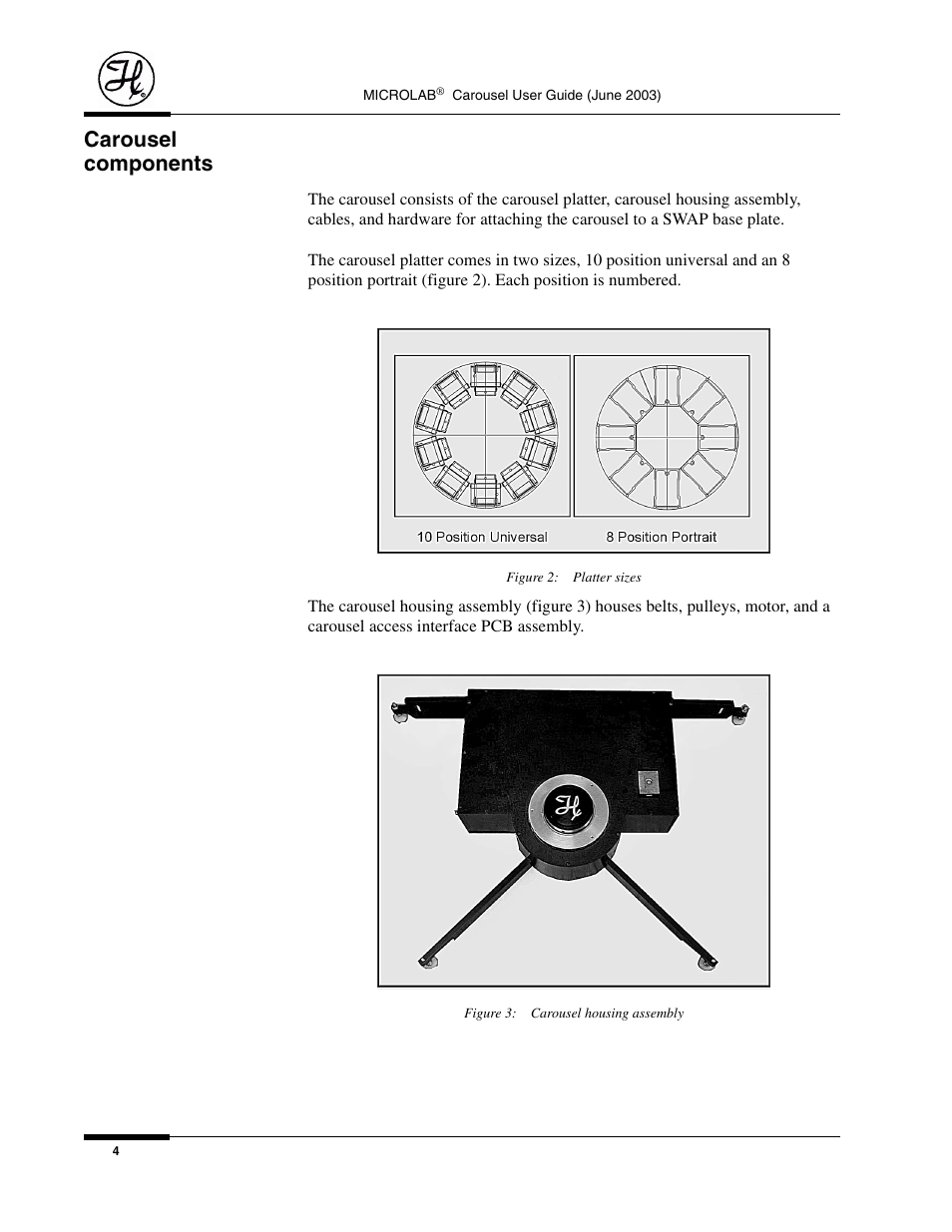 Carousel components, Figure 2: platter sizes, Figure 3: carousel housing assembly | Hamilton Electronics MICROLAB 8534-01 User Manual | Page 6 / 33
