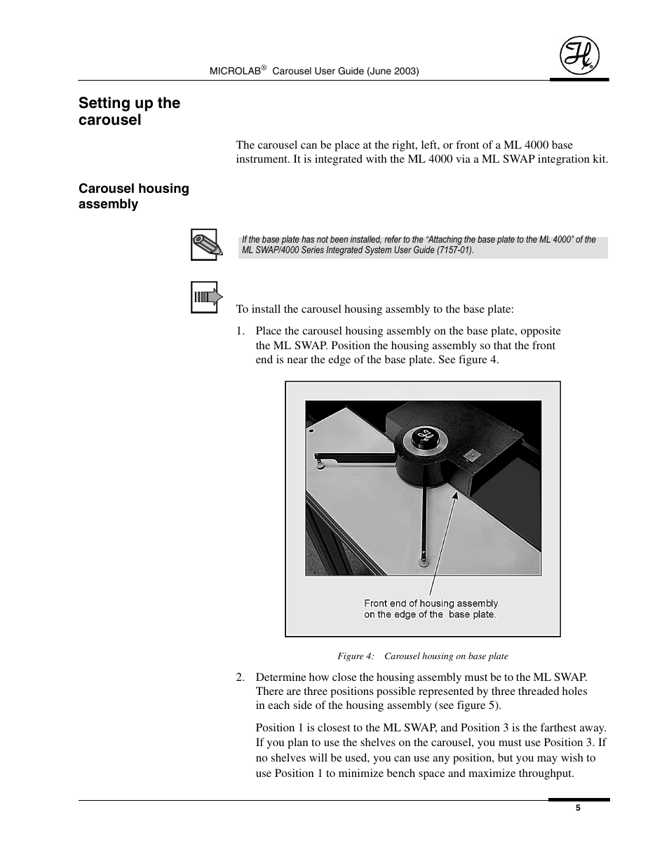 Setting up the carousel, Carousel housing assembly, Figure 4: carousel housing on base plate | Hamilton Electronics MICROLAB 8534-01 User Manual | Page 7 / 33