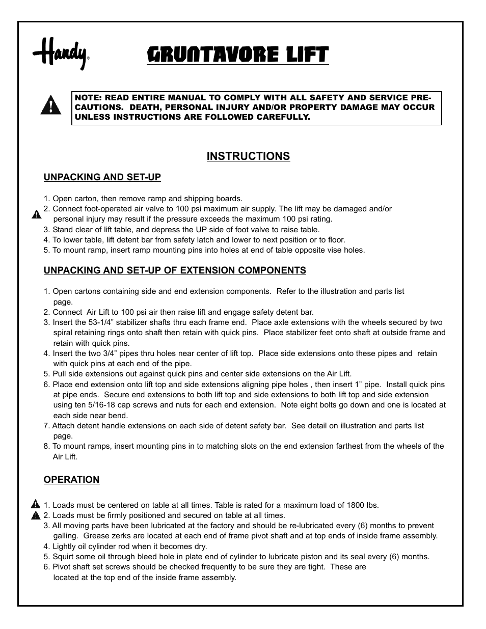 Gruntavore lift, Instructions | Handy Home Products GRUNTAVORE LIFT 16867 User Manual | Page 2 / 4