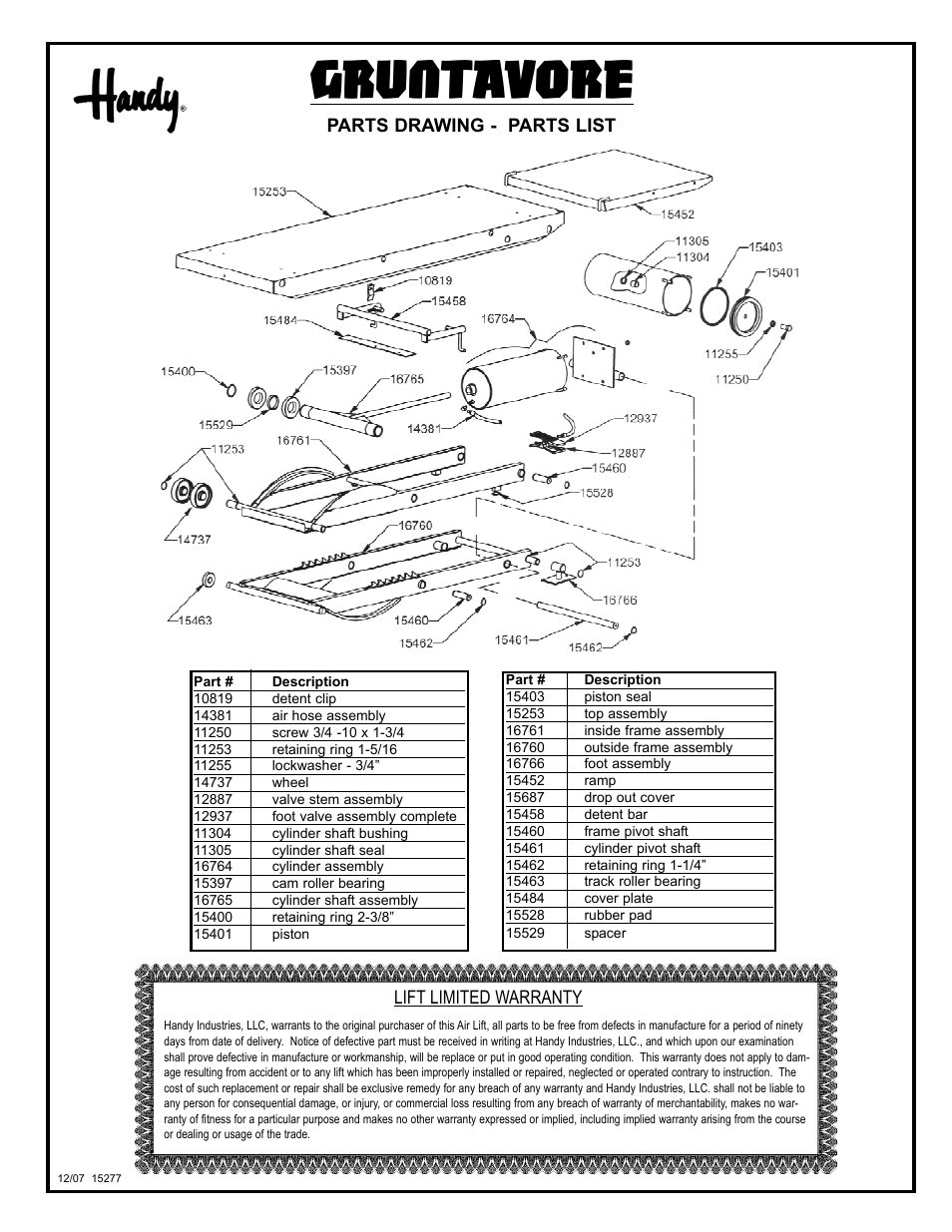 Gruntavore, Lift limited warranty, Parts drawing - parts list | Handy Home Products GRUNTAVORE LIFT 16867 User Manual | Page 4 / 4