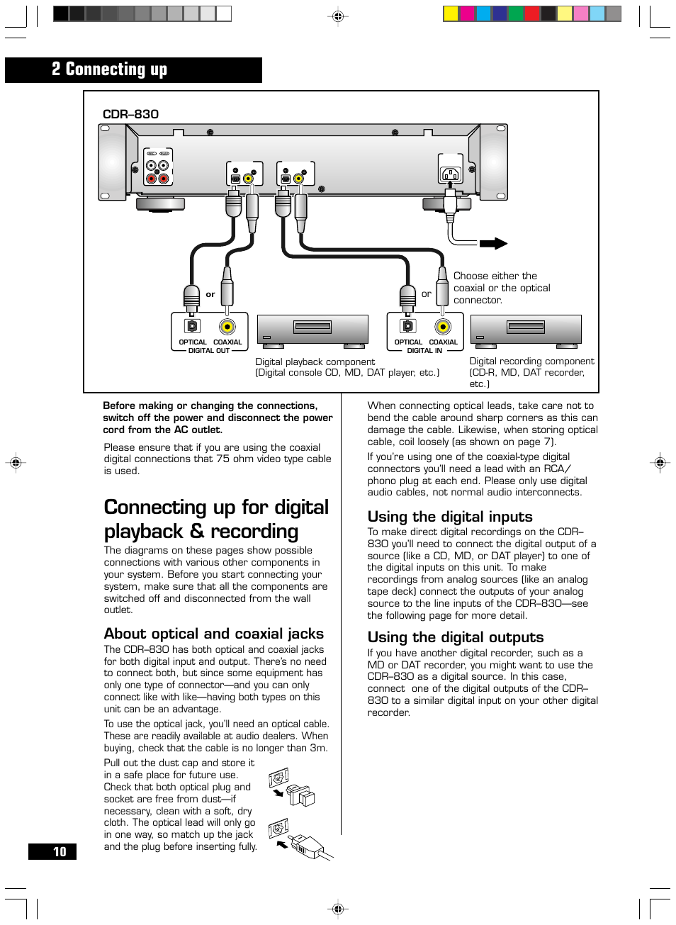 Connecting up for digital playback & recording, 2 connecting up, Using the digital inputs | Using the digital outputs, About optical and coaxial jacks, Cdr–830 | HHB comm CDR-830 User Manual | Page 10 / 44