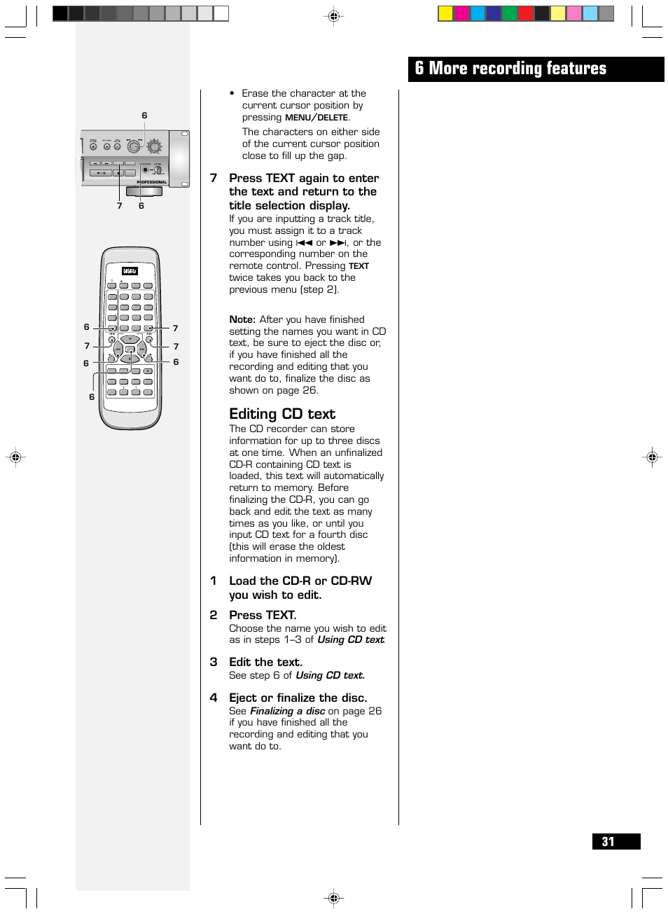 6 more recording features, Editing cd text, 3edit the text | 4eject or finalize the disc, See step 6 of using cd text, Menu/ delete | HHB comm CDR-830 User Manual | Page 31 / 44