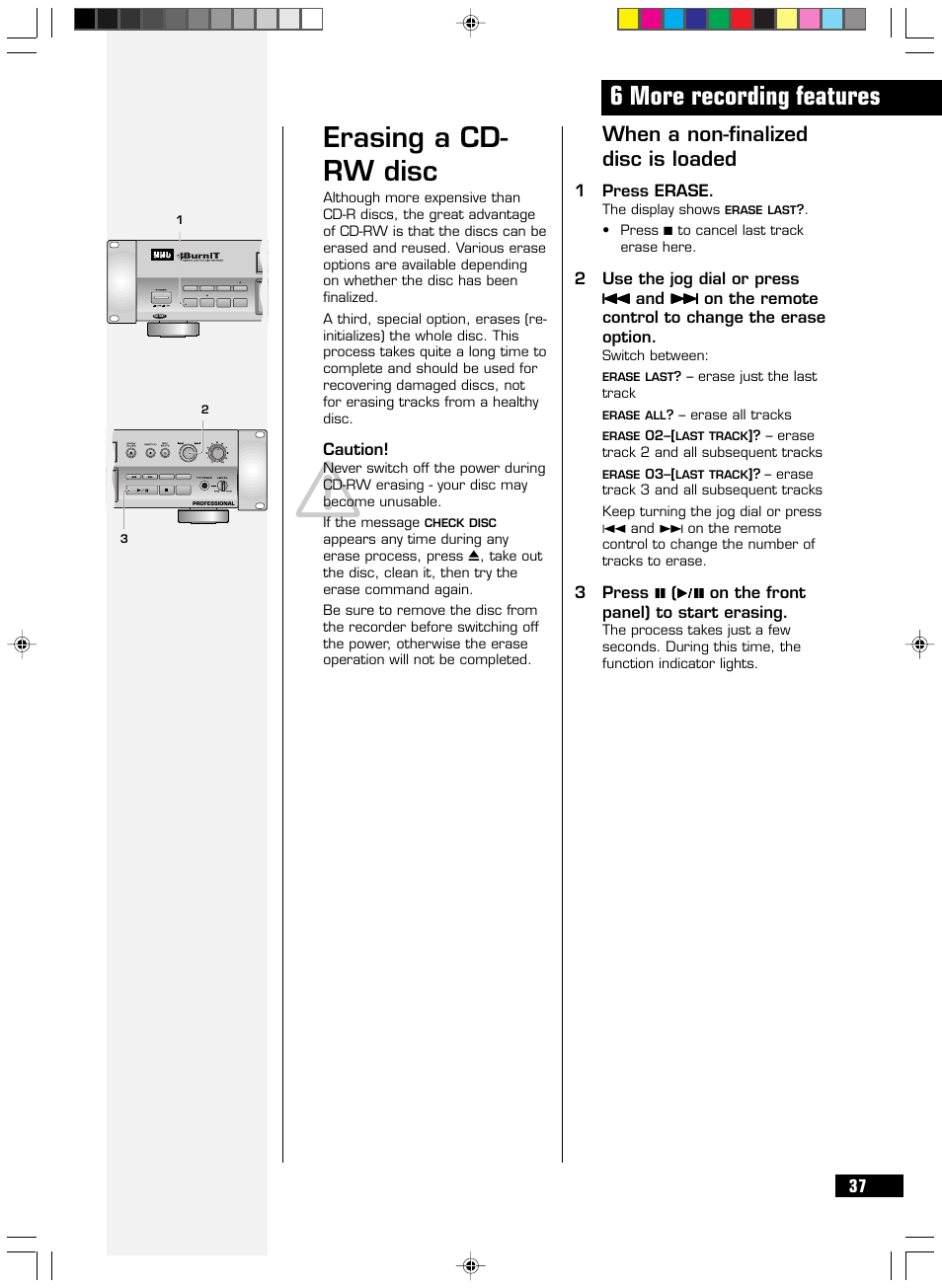 Erasing a cd- rw disc, 6 more recording features, When a non-finalized disc is loaded | HHB comm CDR-830 User Manual | Page 37 / 44