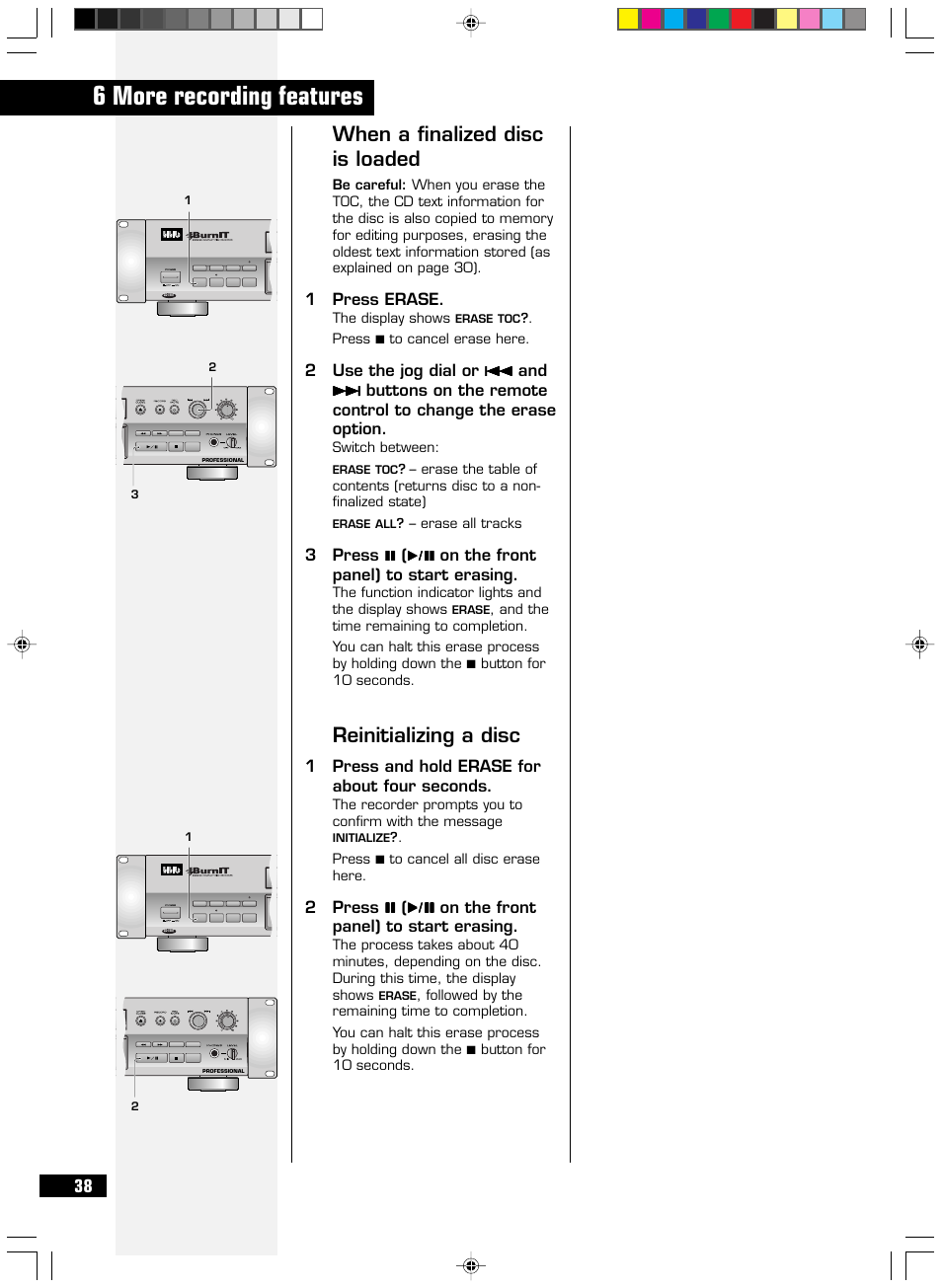 6 more recording features, When a finalized disc is loaded, Reinitializing a disc | 1press erase, 1press and hold erase for about four seconds | HHB comm CDR-830 User Manual | Page 38 / 44